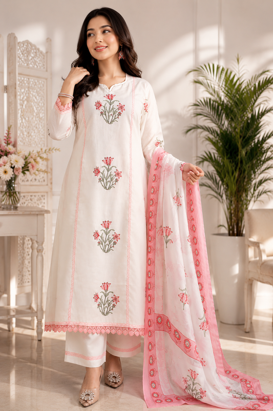Women's Pink Pure Cotton Handblock Print Anarkali Suit Set with Dupatta | 3-Piece Ethnic Wear