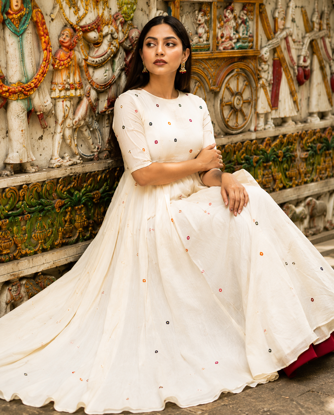 Festival Special Pure Cotton 60x60 Anarkali Kurta Palazzo Set for Women | Mirror Embroidery | Off White