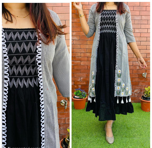 Women's Premium Cotton 2-Piece Shrug Dress Set | Black Smocked Dress with Embroidered Grey Shrug | Casual & Party Wear