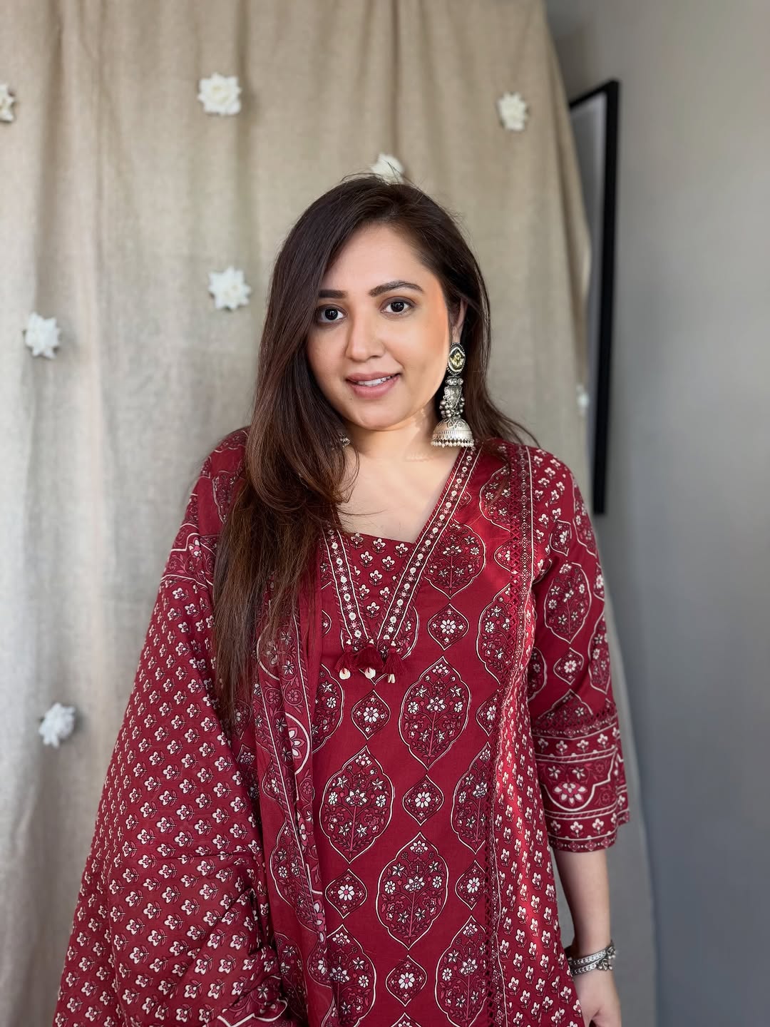 Women's Maroon Cotton Printed Kurta Pant Dupatta Set | 3 Piece Straight A-Line Ethnic Suit