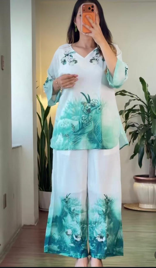 Women's Sea Green Mul Cotton Co-Ord Set | Digital Floral Print Kurta with Palazzo | Premium 2-Piece Set
