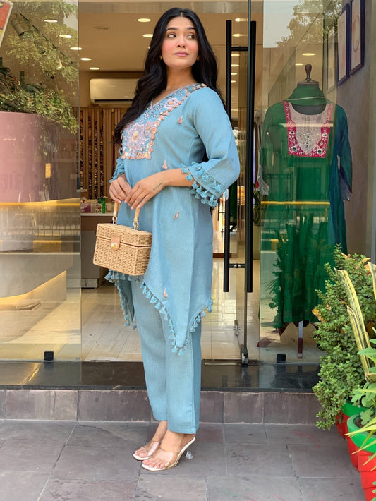 Sky Blue Cotton Flax Embroidered Co-ord Set for Women | Hand Work & Lace Detailing