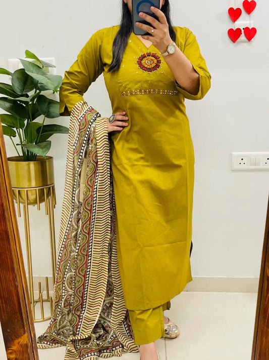 Women's Mustard Dhabu Cotton Embroidered Kurta Pant Set with Printed Dupatta | Mirror Work Ethnic Suit