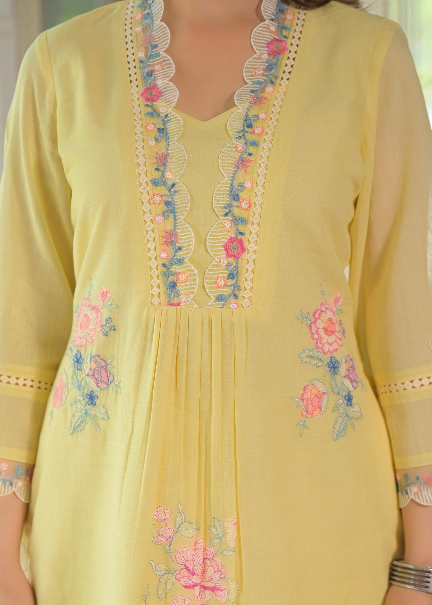 Women's Premium Pure Cotton Embroidered Kurta Pant Set | Yellow Cotton Co-Ord Set with Lace Work | Ethnic Wear