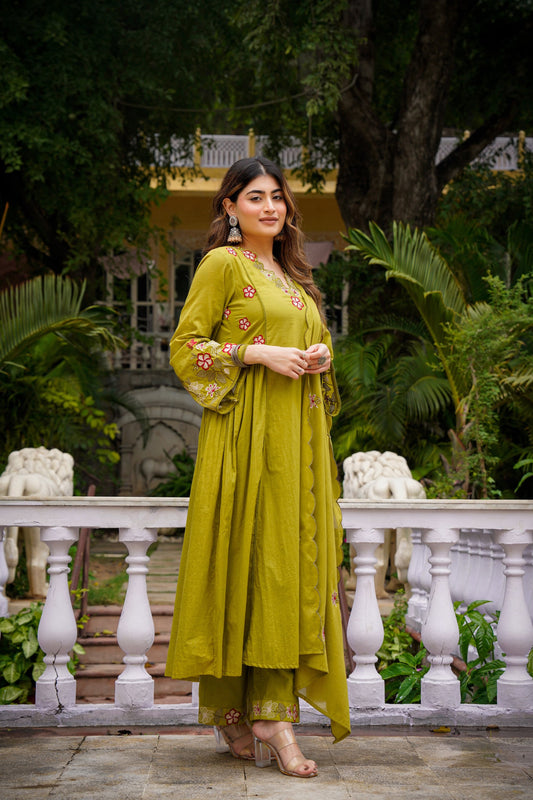 Women's Premium Cotton Anarkali Kurta Pant Dupatta Set | Olive Green Embroidered Cotton Suit Set | Festive Ethnic Wear
