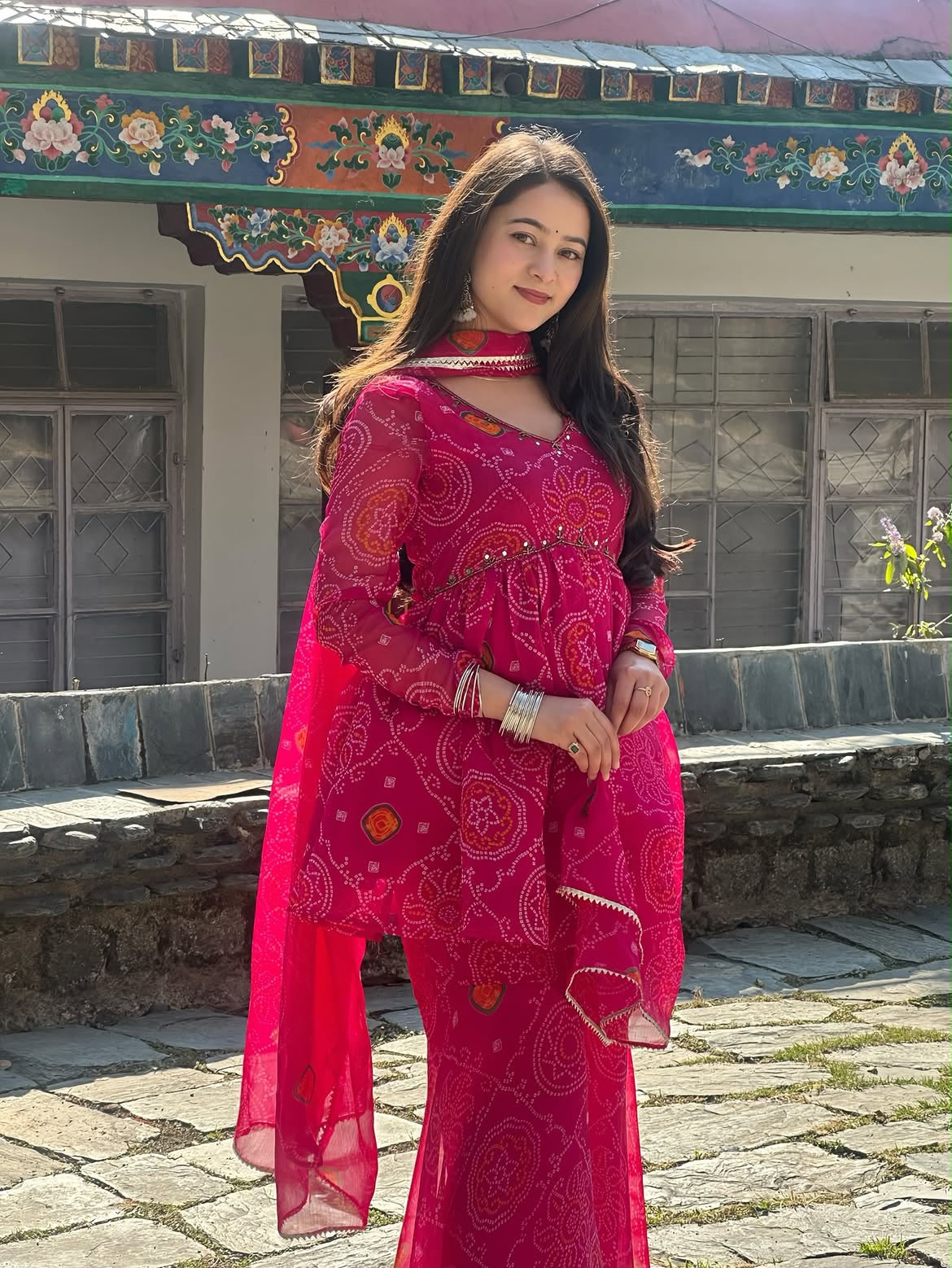 Women's Premium Heavy Chiffon Bandhej Sharara Set with Dupatta | Mirror Handwork | Rani Pink | 3-Piece Festive Wear
