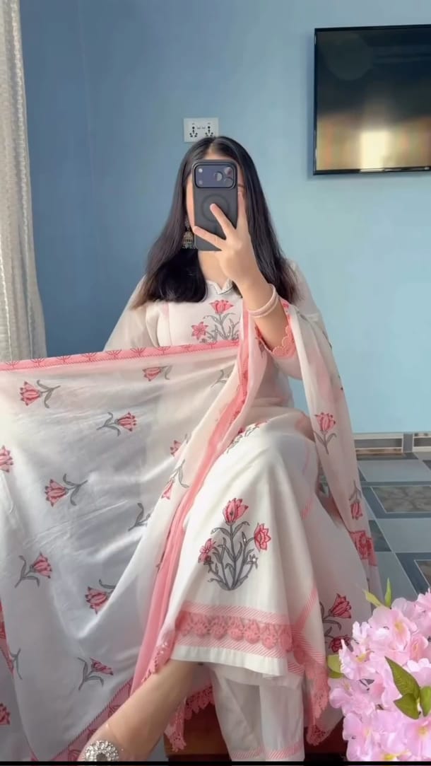 Women's Pink Pure Cotton Handblock Print Anarkali Suit Set with Dupatta | 3-Piece Ethnic Wear