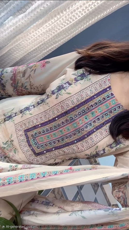 Women's Lilac Pure Silk Digital Print Suit Set with Dupatta | Hand Embroidery & Mirror Work | 3-Piece Ethnic Wear