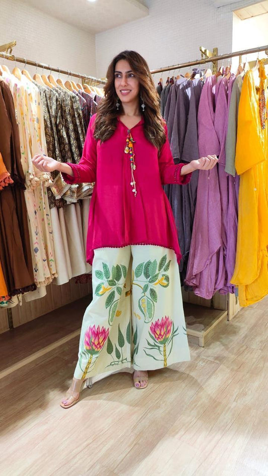 Women's Rani Pink Cotton Co-Ord Set | Loose Fit Embroidered Top with Printed Palazzo | Premium Cotton 2-Piece Set