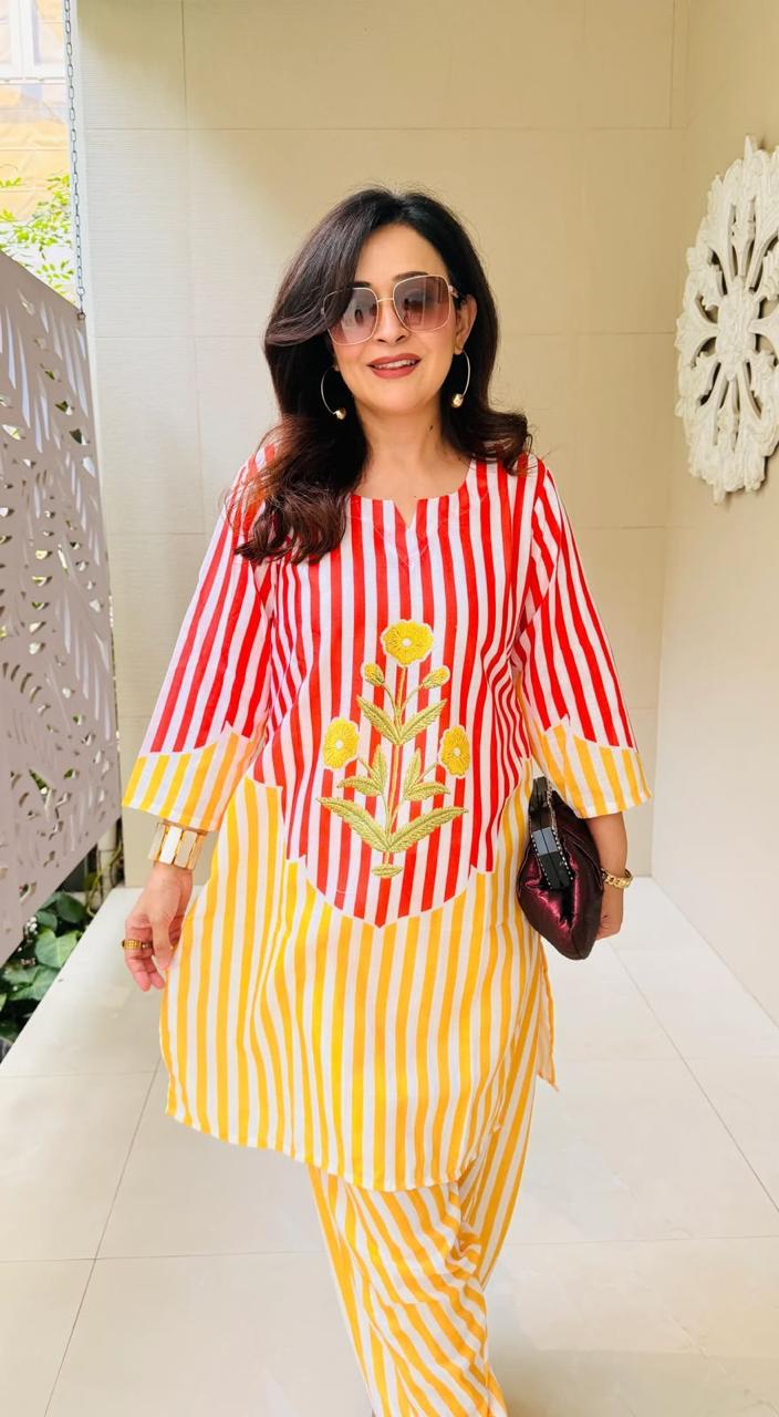 Women's Red & Yellow Striped Cotton Co-ord Set | Embroidered Kurta with Matching Pants