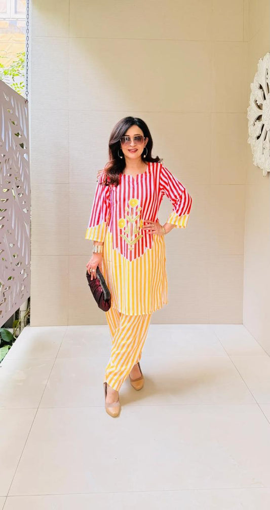 Women's Red & Yellow Striped Cotton Co-ord Set | Embroidered Kurta with Matching Pants