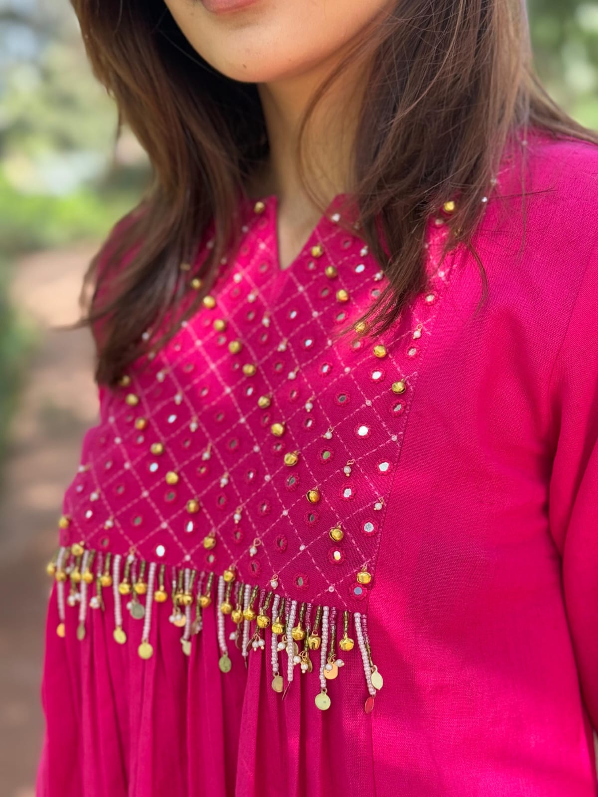 Women's Pure Cotton Anarkali Kurta Palazzo Set | Fuchsia Pink Mirror Embroidered Ethnic Wear
