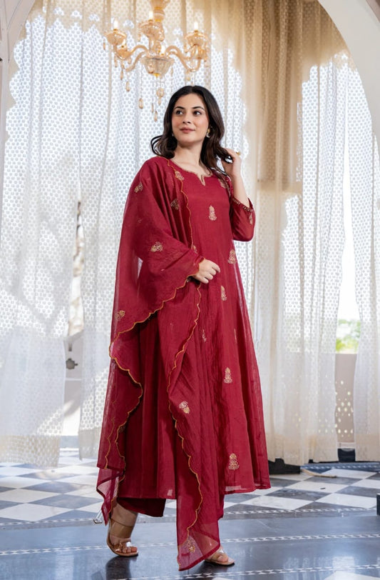 Women's Maroon Mul Chanderi Anarkali Kurta Pant Dupatta Set | Premium Embroidered 3-Piece Ethnic Suit with Cotton Lining