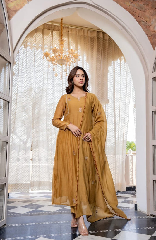Women's Mustard Mul Chanderi Anarkali Kurta Pant Dupatta Set | Premium Embroidered 3-Piece Ethnic Suit with Cotton Lining