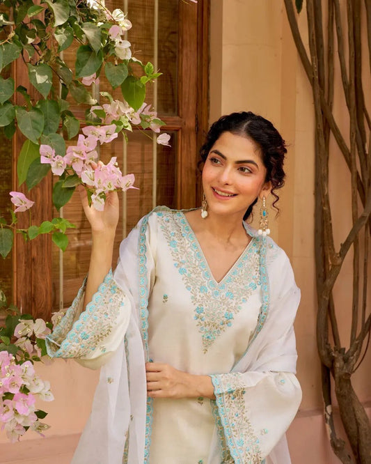 Women's White & Sky Blue Chanderi Silk Kurta Sharara Dupatta Set | Heavy Embroidered 3-Piece Festive Suit with Sequence Work