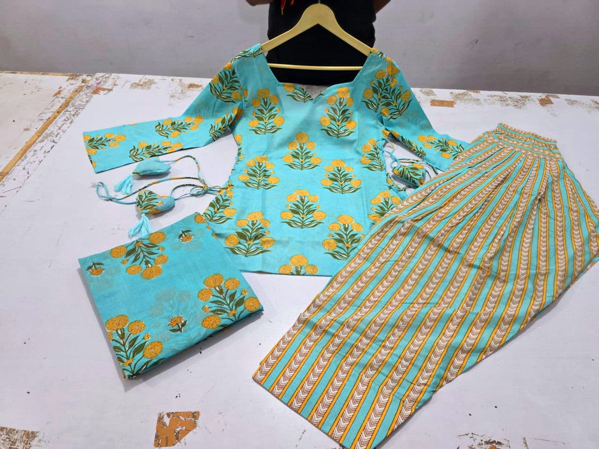 Women’s Cotton 60/60 Corset-Style Kurta with Printed Farshi Salwar & Dupatta | Dori Tassel 3-Piece Set