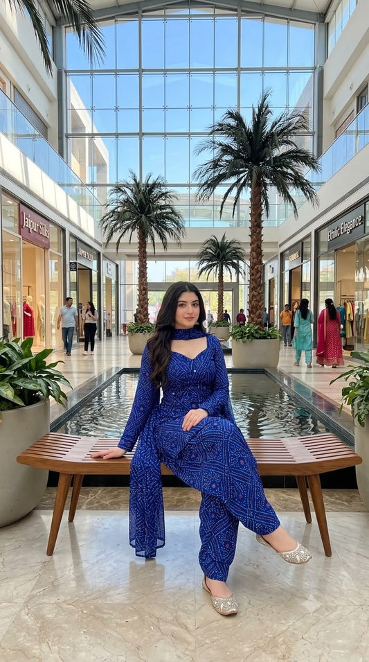 Women’s Premium Cotton Bandhani Jaipuri Print Suit Set | Mirror Work Sweetheart Neck Kurti with Flared Patiala Salwar & Dupatta