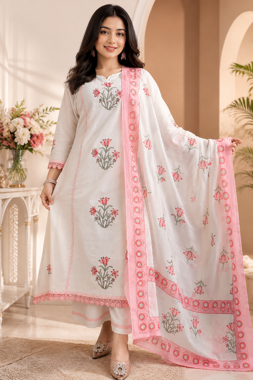 Women's Pink Pure Cotton Handblock Print Anarkali Suit Set with Dupatta | 3-Piece Ethnic Wear
