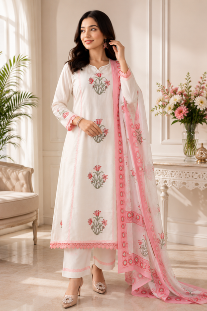 Women's Pink Pure Cotton Handblock Print Anarkali Suit Set with Dupatta | 3-Piece Ethnic Wear