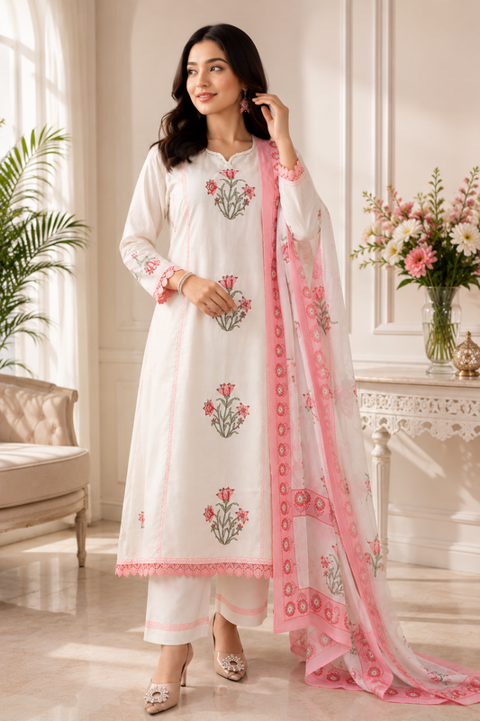 Women's Pink Pure Cotton Handblock Print Anarkali Suit Set with Dupatta | 3-Piece Ethnic Wear