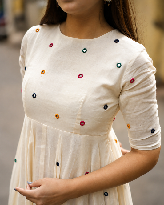 Festival Special Pure Cotton 60x60 Anarkali Kurta Palazzo Set for Women | Mirror Embroidery | Off White