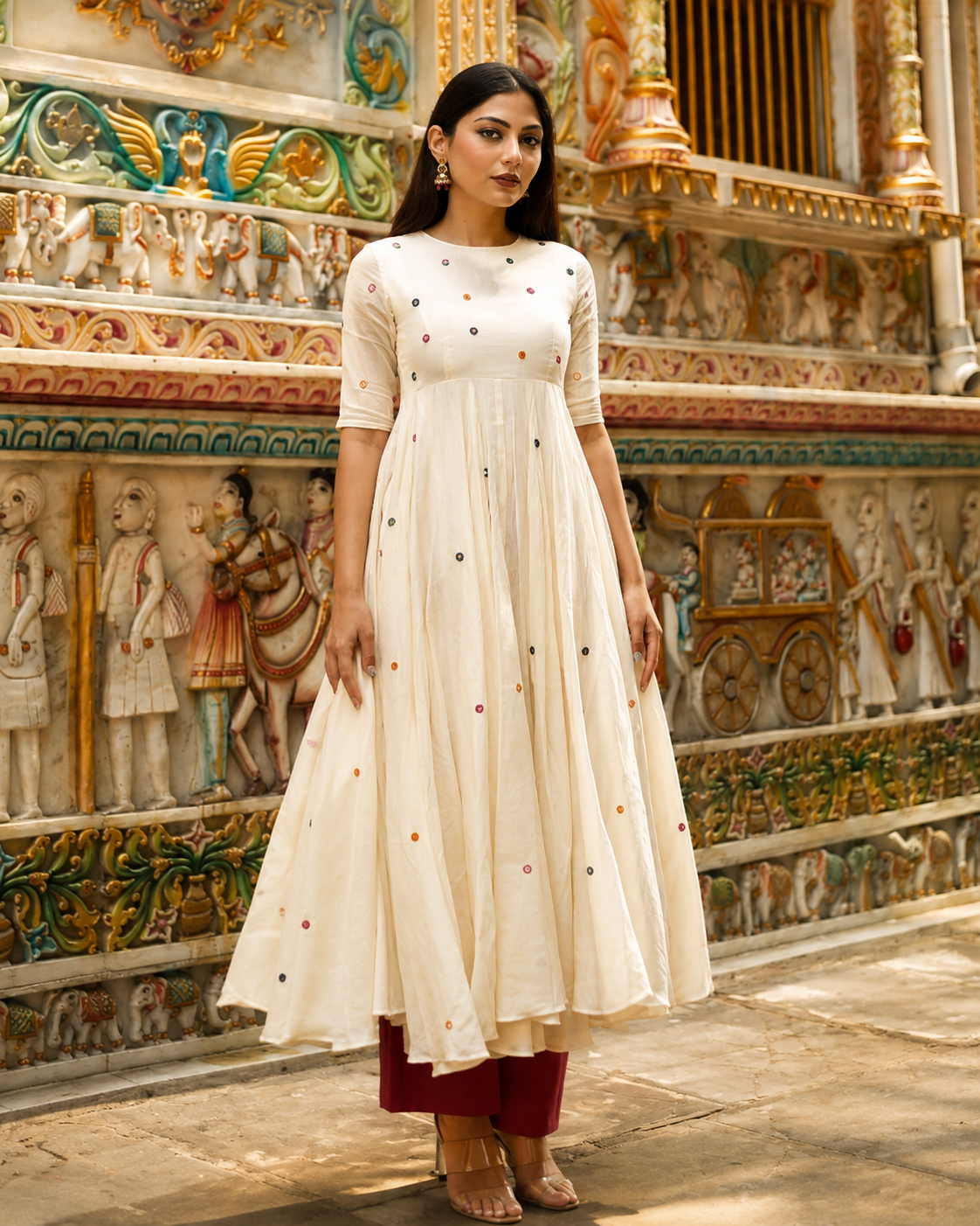 Festival Special Pure Cotton 60x60 Anarkali Kurta Palazzo Set for Women | Mirror Embroidery | Off White