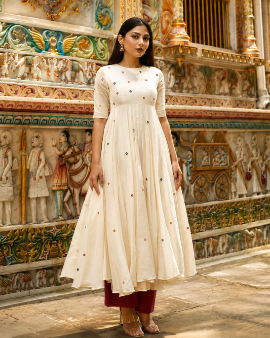 Festival Special Pure Cotton 60x60 Anarkali Kurta Palazzo Set for Women | Mirror Embroidery | Off White