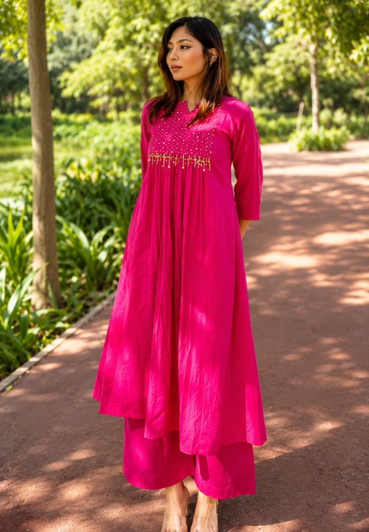 Women's Pure Cotton Anarkali Kurta Palazzo Set | Fuchsia Pink Mirror Embroidered Ethnic Wear