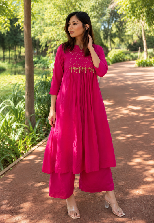 Women's Pure Cotton Anarkali Kurta Palazzo Set | Fuchsia Pink Mirror Embroidered Ethnic Wear
