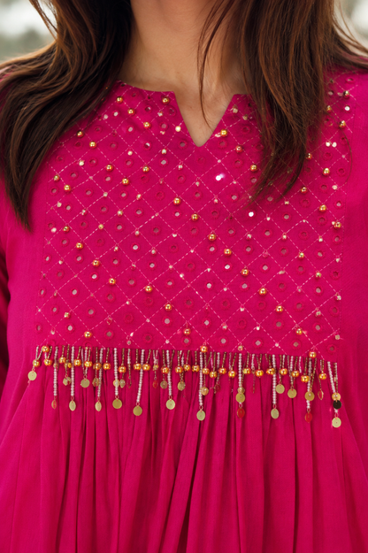 Women's Pure Cotton Anarkali Kurta Palazzo Set | Fuchsia Pink Mirror Embroidered Ethnic Wear