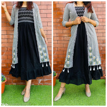 Women's Premium Cotton 2-Piece Shrug Dress Set | Black Smocked Dress with Embroidered Grey Shrug | Casual & Party Wear