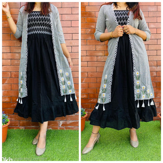 Women's Premium Cotton 2-Piece Shrug Dress Set | Black Smocked Dress with Embroidered Grey Shrug | Casual & Party Wear
