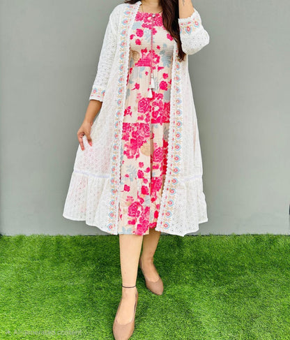 Women's Premium Cotton 2-Piece Shrug Dress Set | Floral Smocked Dress with White Schiffli Embroidered Shrug | Casual & Party Wear