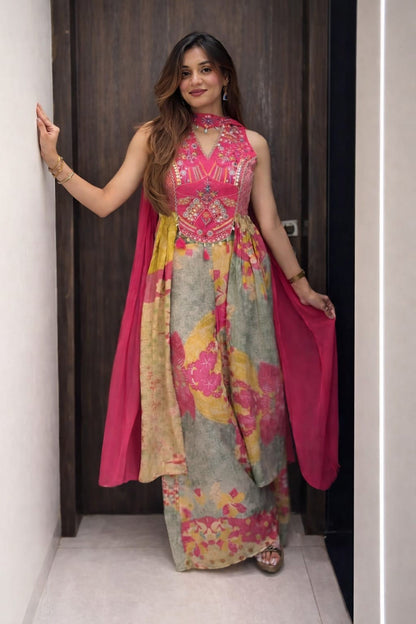 Women's Premium Chinon Western Shrug Palazzo Set with Chiffon Dupatta | 3-Piece Party & Wedding Wear