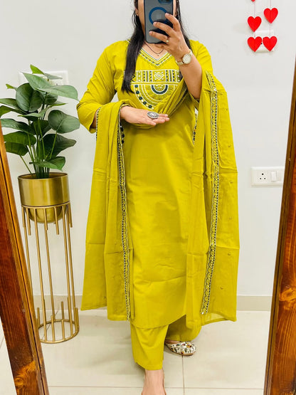 Women's Mustard Yellow Embroidered Cotton Kurta Pant Dupatta Set | 3-Piece Ethnic Suit with Pockets