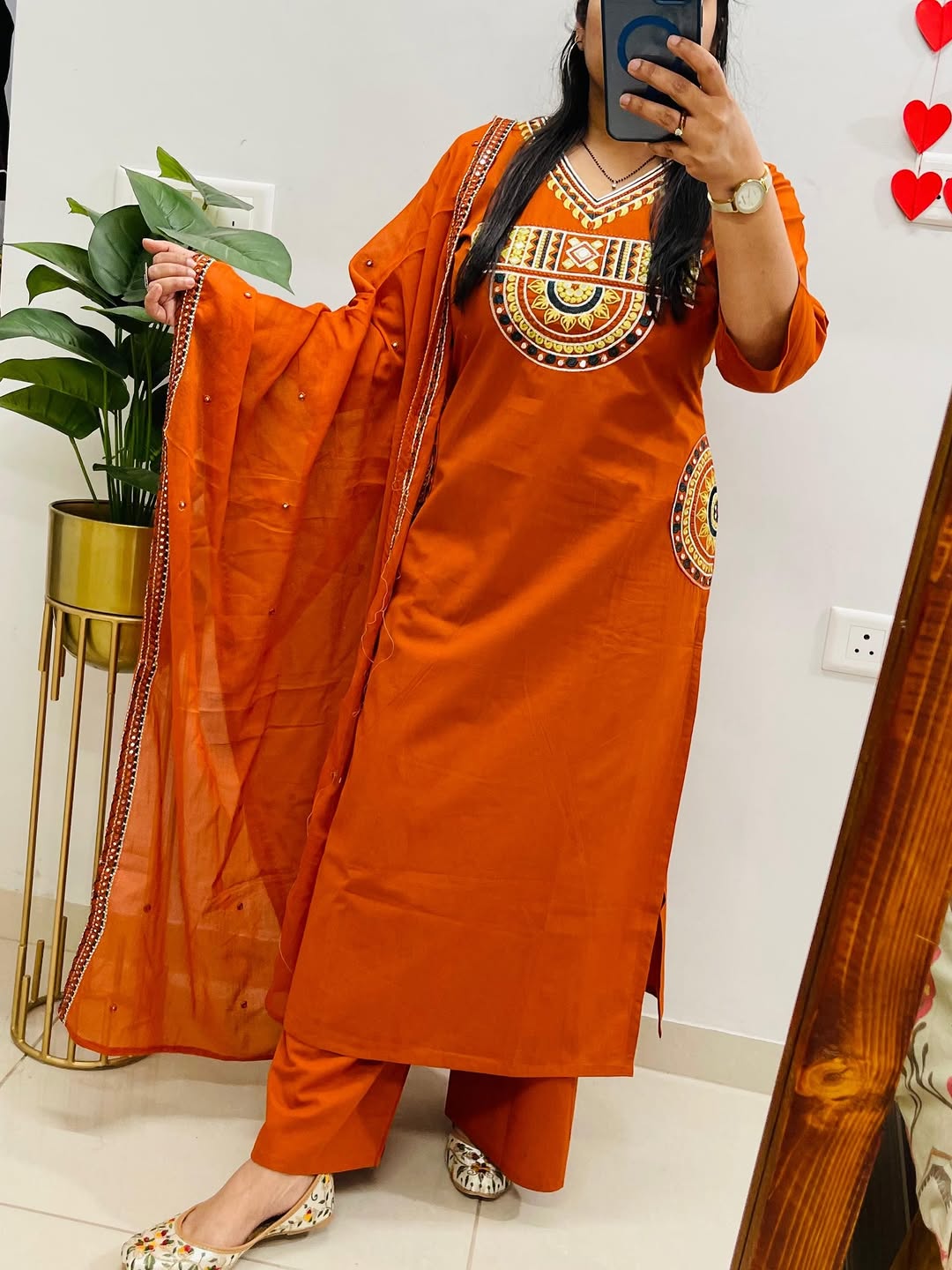 Women's Rust Orange Embroidered Cotton Kurta Pant Dupatta Set | 3-Piece Ethnic Suit with Pockets