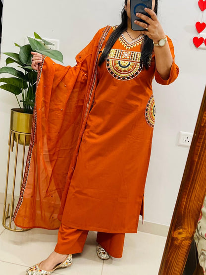 Women's Rust Orange Embroidered Cotton Kurta Pant Dupatta Set | 3-Piece Ethnic Suit with Pockets