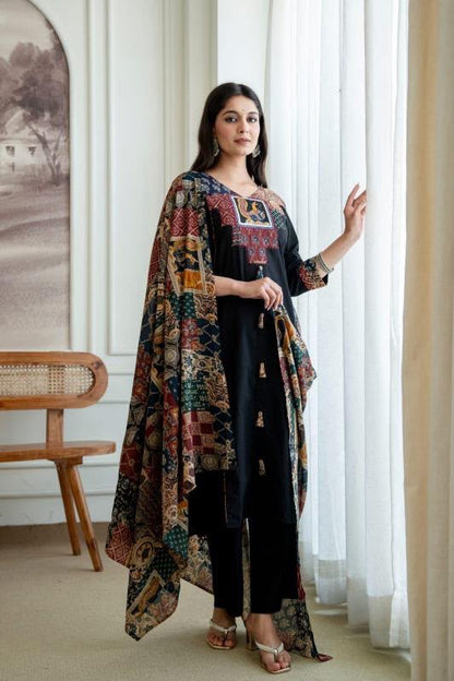 Women's Black Jaipuri Cotton Kurta Pant Dupatta Set | Printed Straight Kurta with Katha & Sequence Work | Premium 3-Piece Suit Set
