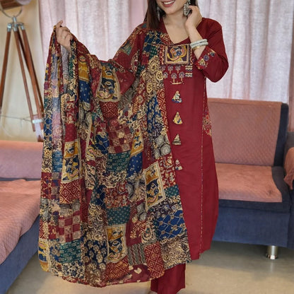 Women's Maroon Jaipuri Cotton Kurta Pant Dupatta Set | Straight Kurta with Printed Yoke, Katha & Sequence Work | Premium 3-Piece Suit Set
