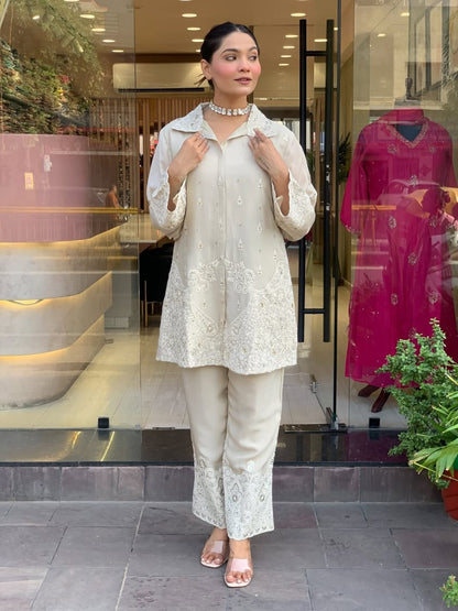 Premium Off White Chanderi Silk Embroidered Co-Ord Set for Women | Party Wear Kurti & Pant Set