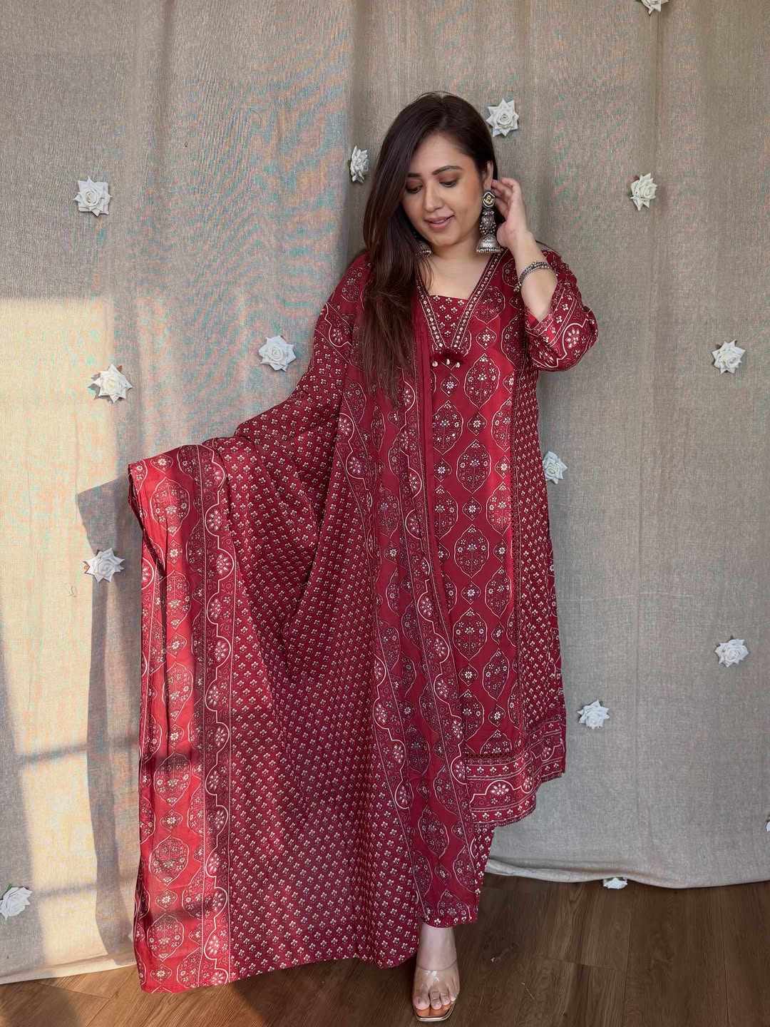 Women's Maroon Cotton Printed Kurta Pant Dupatta Set | 3 Piece Straight A-Line Ethnic Suit