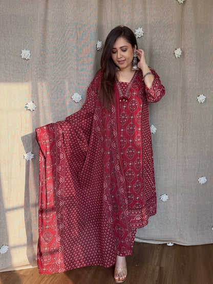 Women's Maroon Cotton Printed Kurta Pant Dupatta Set | 3 Piece Straight A-Line Ethnic Suit