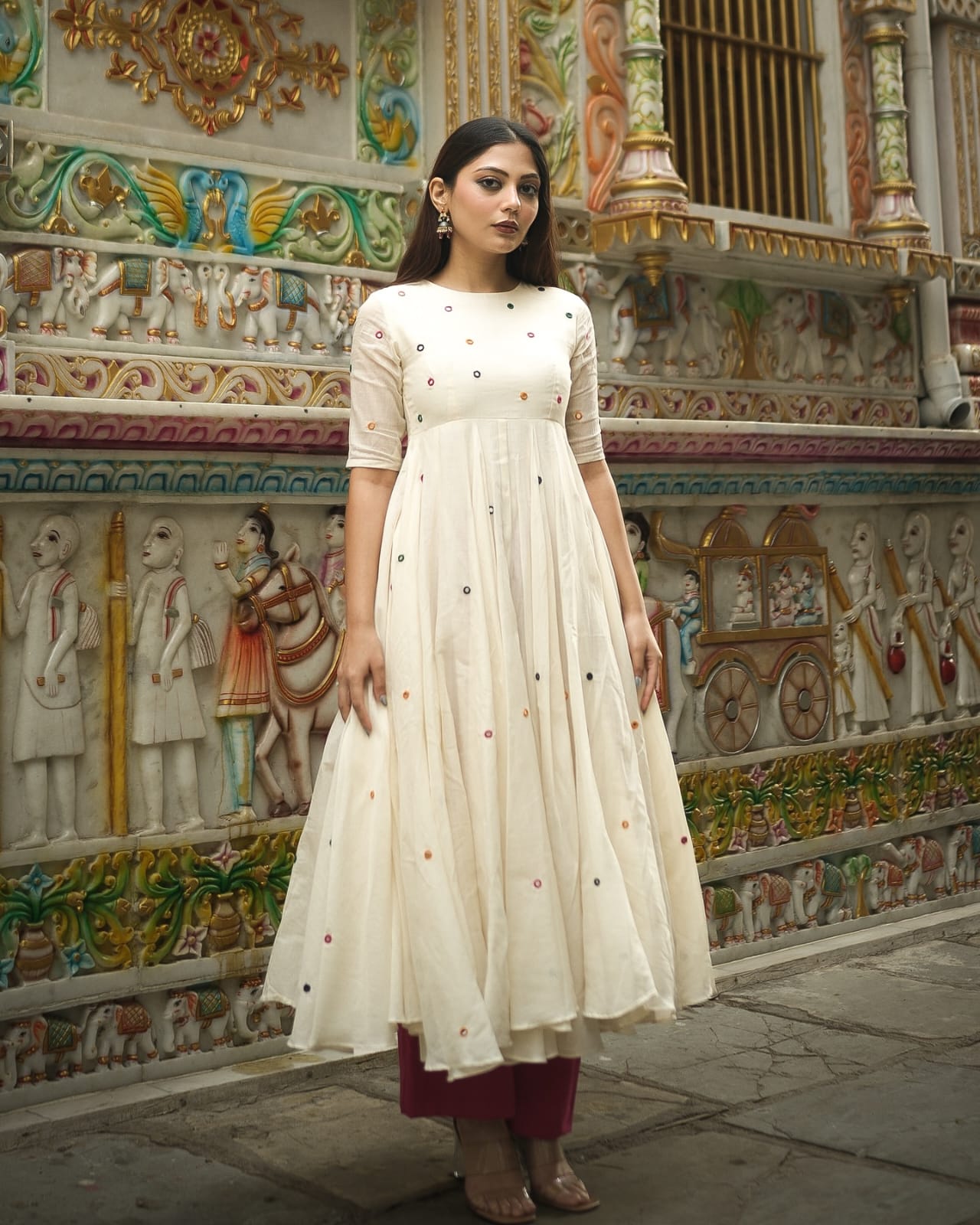 Festival Special Pure Cotton 60x60 Anarkali Kurta Palazzo Set for Women | Mirror Embroidery | Off White