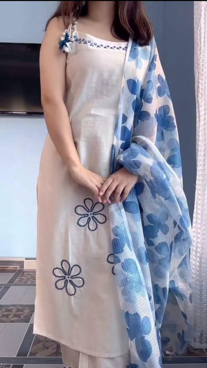 Summer Special Cotton Flex Kurta Pant Dupatta Set for Women | Embroidered Sleeveless Kurti | Kota Doria Dupatta