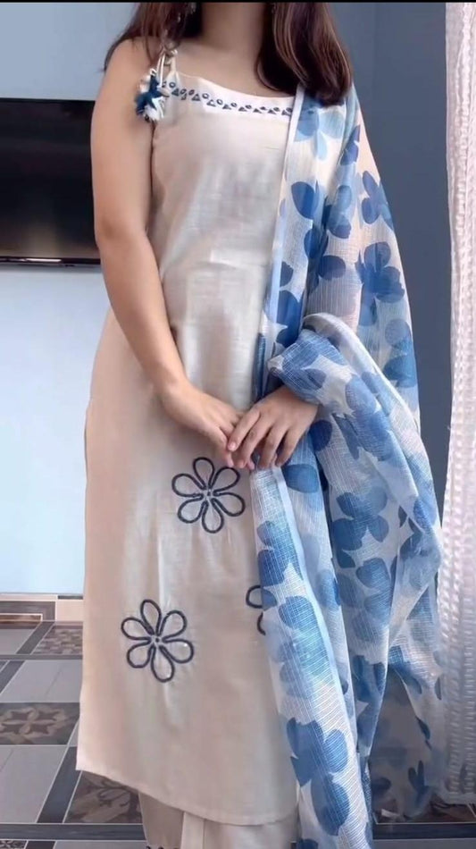 Summer Special Cotton Flex Kurta Pant Dupatta Set for Women | Embroidered Sleeveless Kurti | Kota Doria Dupatta