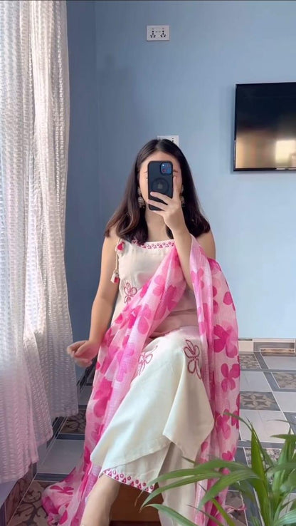 Summer Special Cotton Flex Kurta Pant Dupatta Set for Women | Sleeveless Embroidered Kurti | Pink Kota Doria Dupatta