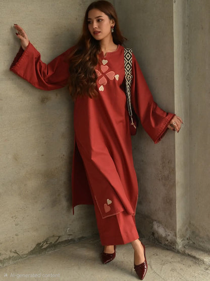 Premium Cotton 60x60 Embroidered Kurta Pant Set for Women | Rust Brown | Casual & Office Wear
