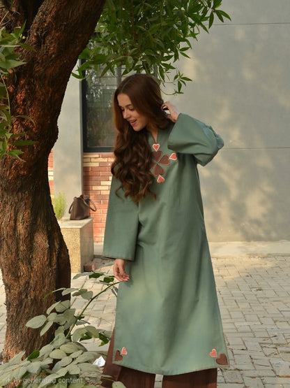 Premium Cotton 60x60 Embroidered Kurta Pant Set for Women | Sage Green | Casual & Office Wear