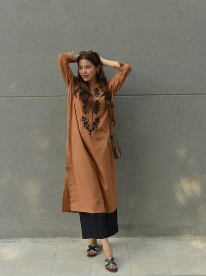 Premium Cotton 60x60 Embroidered Kurta Pant Set for Women | Brown | Office & Casual Wear