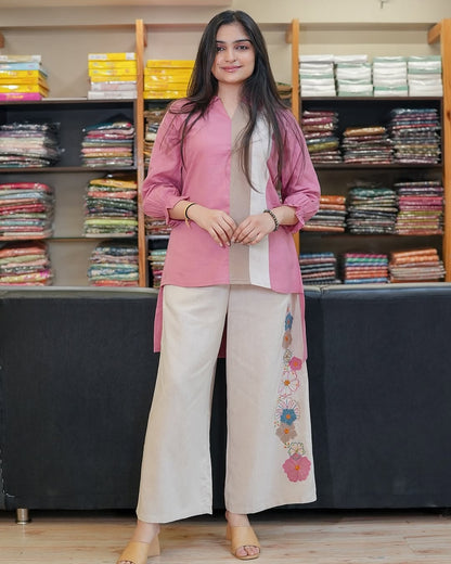 Premium Cotton 60x60 Co-ord Set for Women | Pink Embroidered Top with Cotton Flex Palazzo